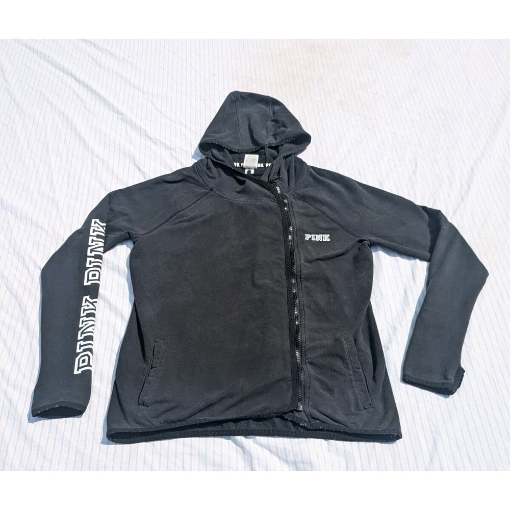 PINK Victorias Secret Womens Small Black Full Zip Hoodie Sweater Logo